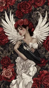 Winged rose guardian wrapped in tender moonlit grace.