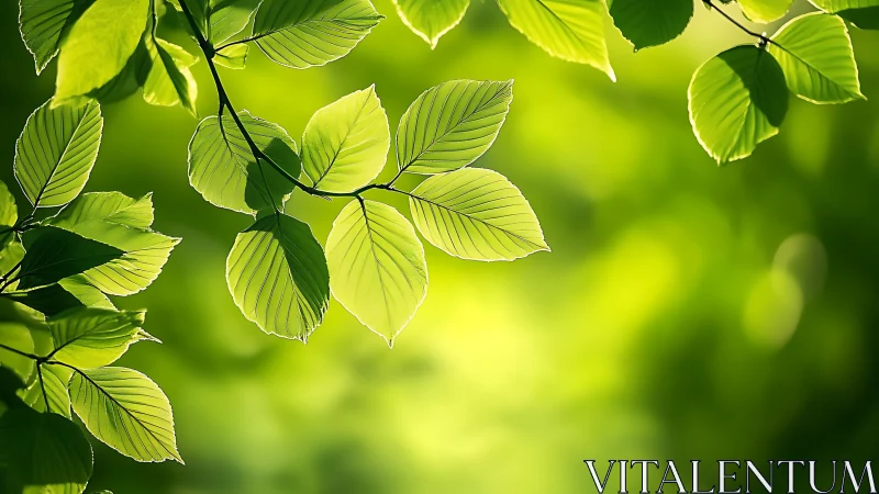 Sunlit green leaves over glowing forest bokeh background.