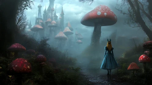 Mushroom towers beckon as a lone dreamer walks into mist