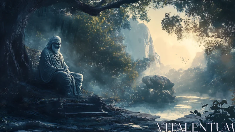 Silent stone sage listens to dawn breathing through mist