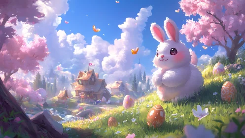 Large white rabbit in pastel landscape with eggs and cottage.