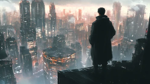 Solitary observer on rain-glossed hyperdense cyberpunk skyline.