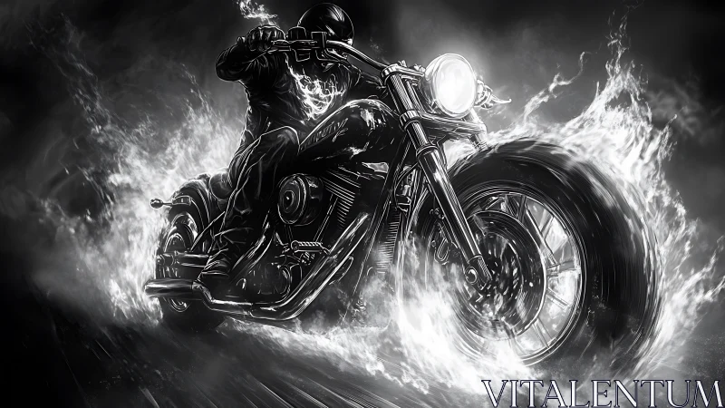 Flaming motorcycle rider in monochrome digital artwork.