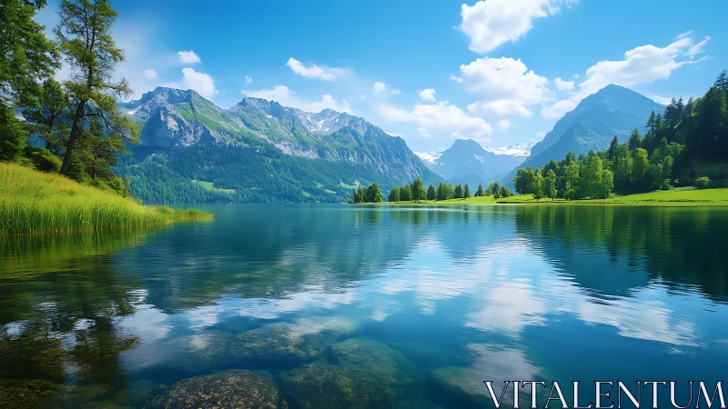 Mountain lake reflects clear sky, forest, and rocky peaks