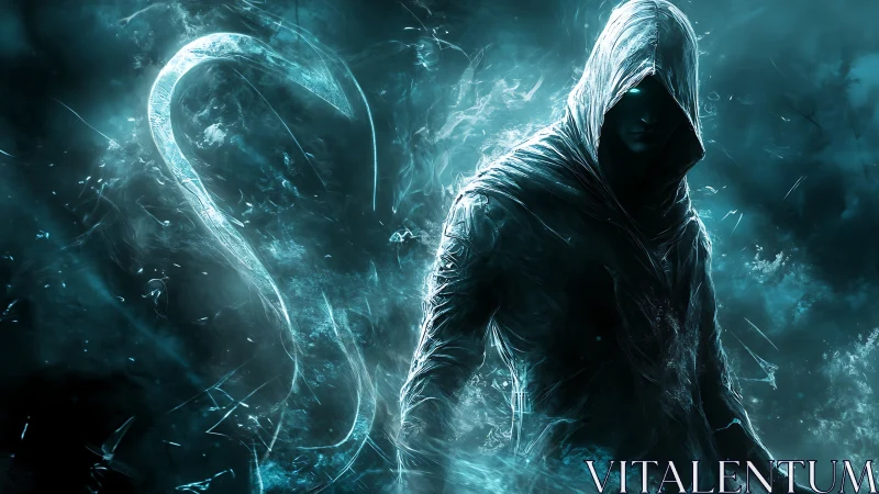 Hooded spectral figure with glowing eyes in teal mist.