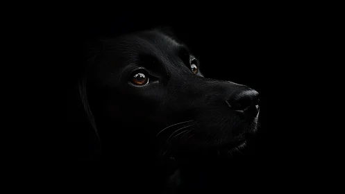 Low key optical portrait of black dog with specular highlights.
