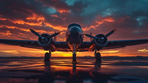 Vintage twin‑engine airplane resting under a glowing sunset sky.