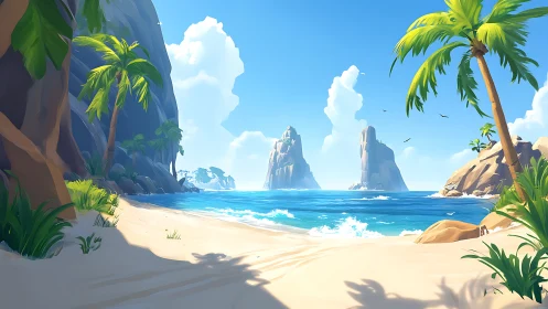 Tropical Paradise Beach Cove With Towering Island Cliffs