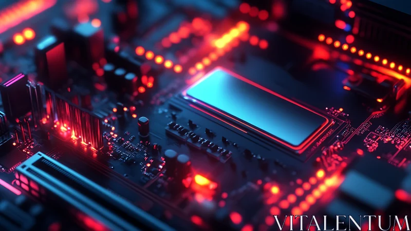 Illuminated motherboard closeup shows CPU package with red status LEDs