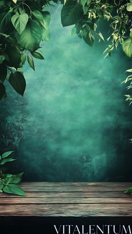 Whispering leaves frame rustic wood against teal mist wall.