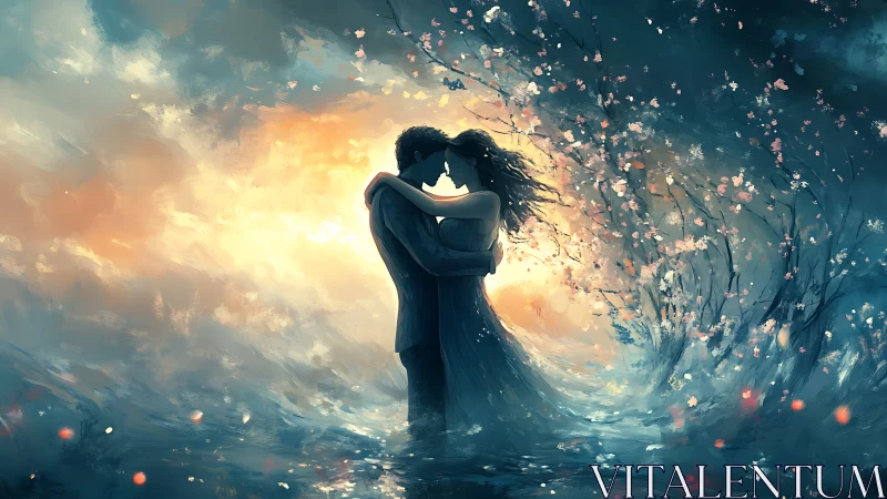 Luminescent Romantic Embrace: Digital Painting with Particle Dispersion.