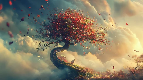 Whimsical autumn tree drifts through glowing dream clouds.