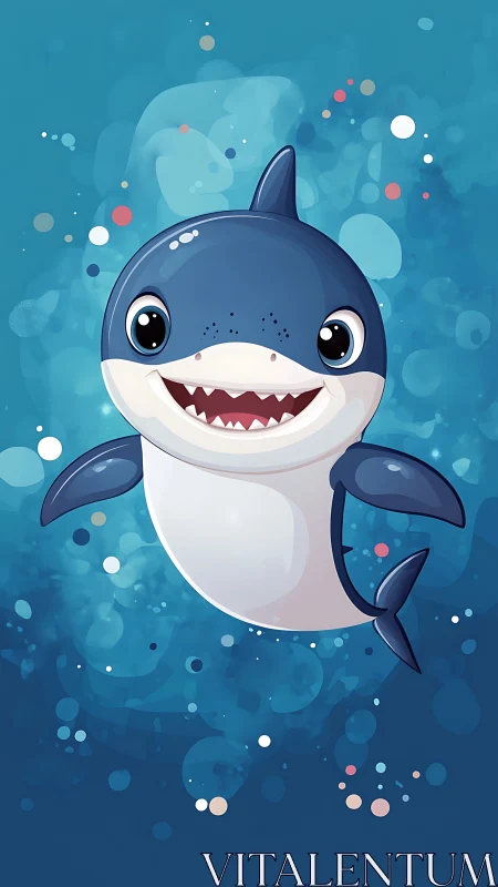 Cartoon baby shark character in stylized underwater bokeh scene