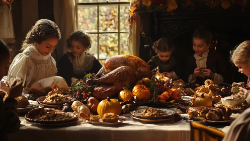 Victorian style family thanksgiving feast with children gathered