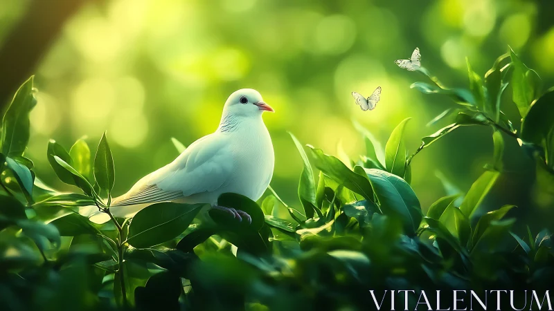 White dove rests in sunlit forest leaves as butterflies drift