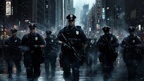 Heavily armed police unit advances through rain-soaked city street