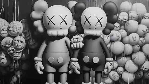Monochrome toy figures stand before dripping skull wall.
