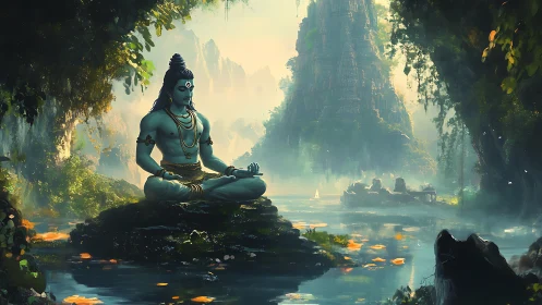 Blue-skinned figure meditating beside reflective forest river