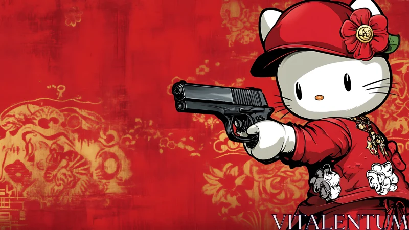 Bold cartoon cat in red outfit poses with a dramatic gun