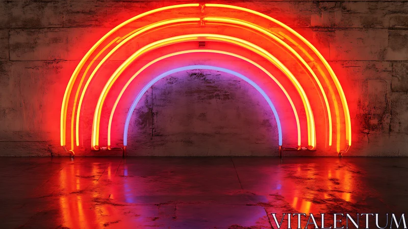 Neon rainbow arcs glow against weathered concrete wall