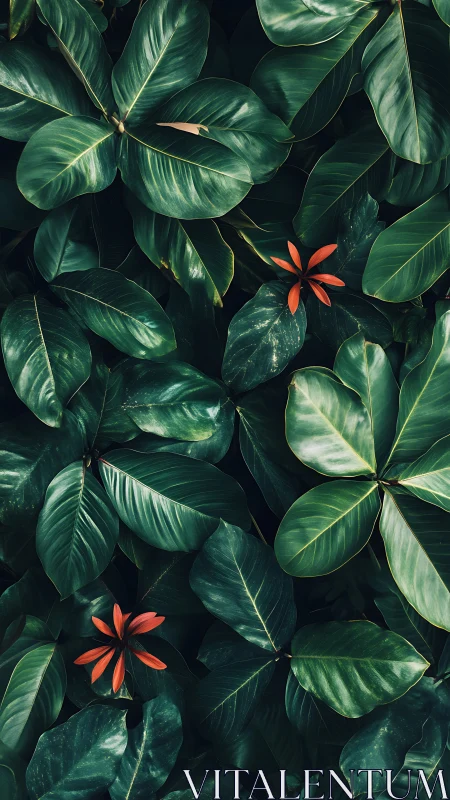 Lush tropical foliage with vivid red flowers emerging quietly.