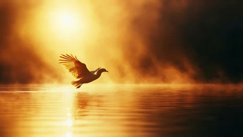 Solitary bird glides through golden sunrise mist over water