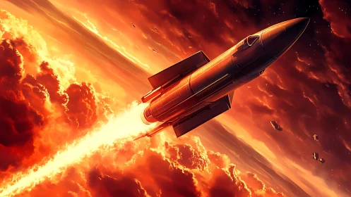 Rocket ascends through dense orange clouds at steep angle