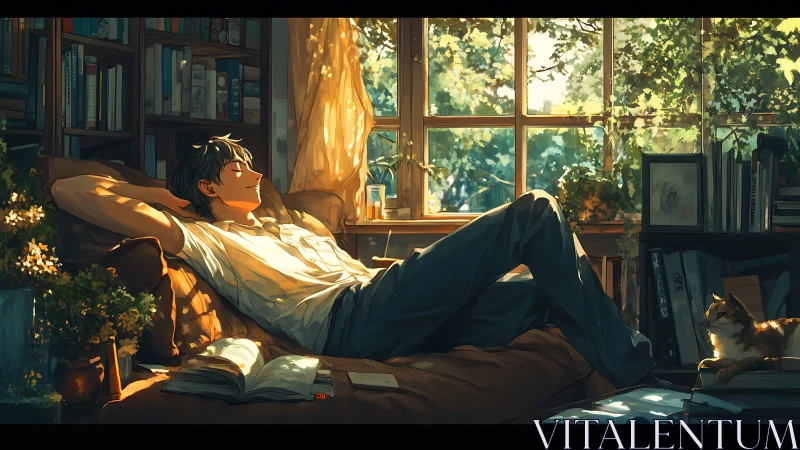 Sunlit reader drifting into a leafy afternoon dreamscape.