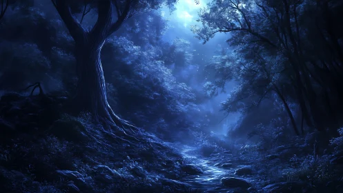 Moonlit Woodland Sanctuary Where Ancient Trees Guard Glowing Mysteries
