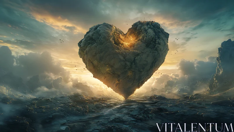 Levitating stone heart under dramatic atmospheric backlight.