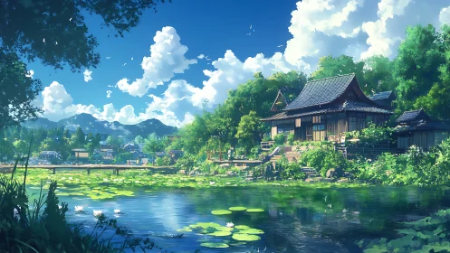 Serene lakeside shrine nestles beneath bright summer clouds.