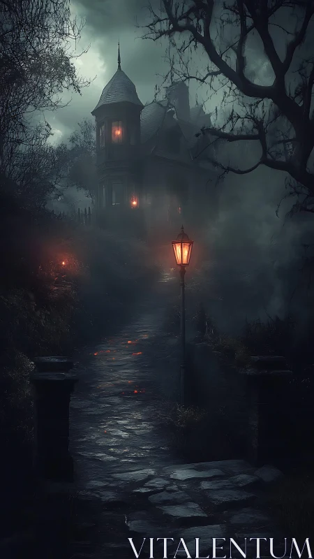 Nocturnal Victorian manor with volumetric fog and ember trail.