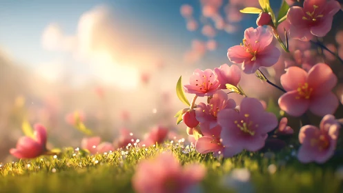 Pink Blossoms Bathed in Golden Sunlight Garden Scene