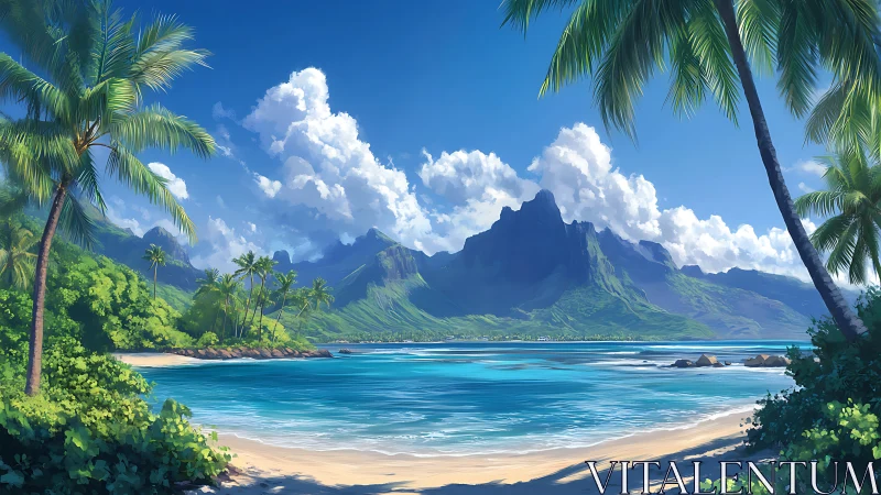 Tropical Paradise Beach with Mountain Vista.