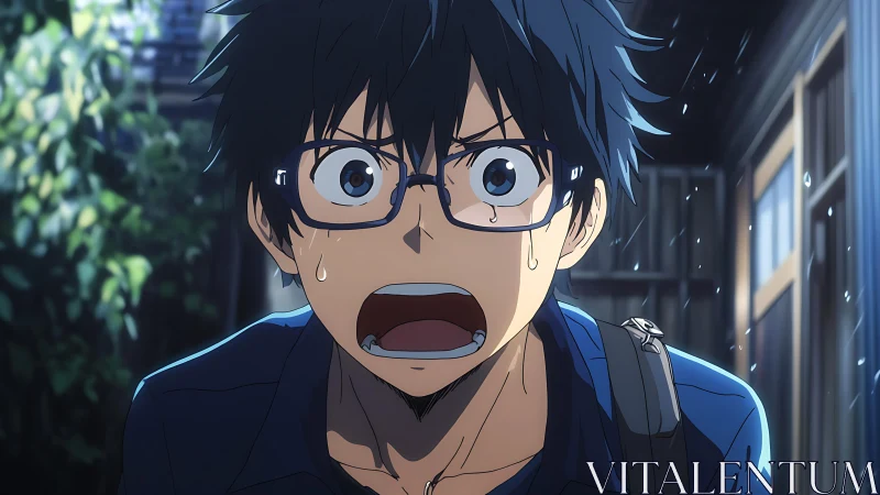 Shocked blue haired student in rain with glasses close up