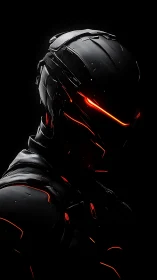 Armored cybernetic silhouette reveals red luminous visor details