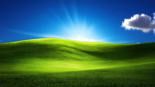 Digital landscape render shows sun over green rolling hill