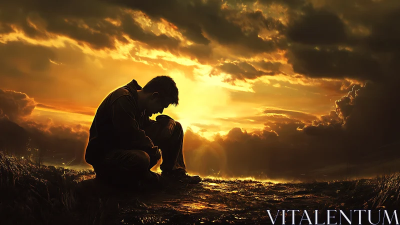 Solitary Figure Silhouetted Against Golden Sky.