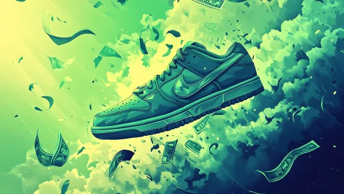 Skyflying sneaker glides through neon cashstorm clouds.