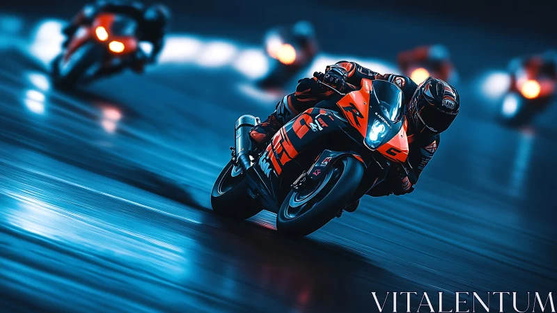 Neon-lit superbike racers carve wet track with dynamic motion blur
