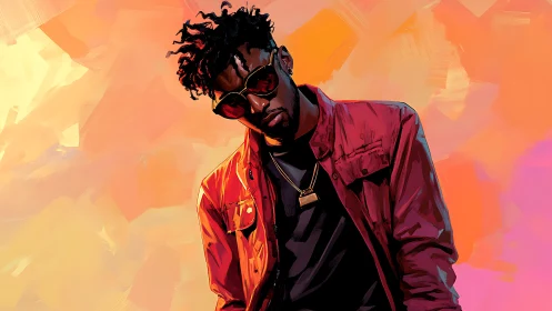 Neon-lit portrait of cool man in red jacket. Urban vibe.