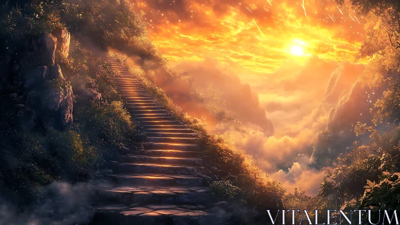 Sunlit mountain steps leading toward a glowing sky path.