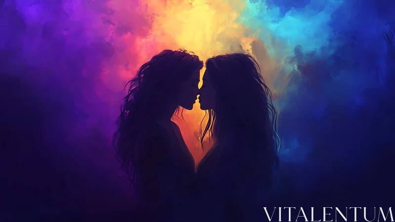Two silhouetted figures kissing against radiant light source.