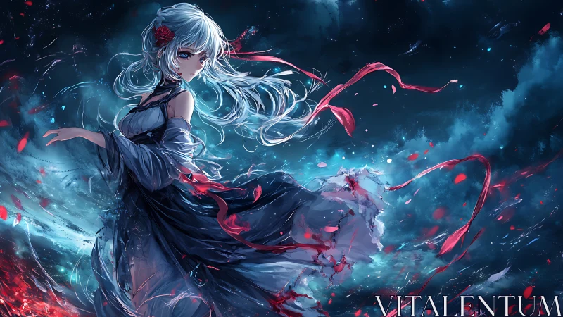 Stormlit anime maiden in swirling petals and ribbons at dusk.