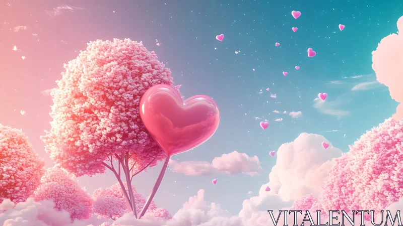 Heart-Shaped Tree Among Pink Blossoms in Dreamscape.