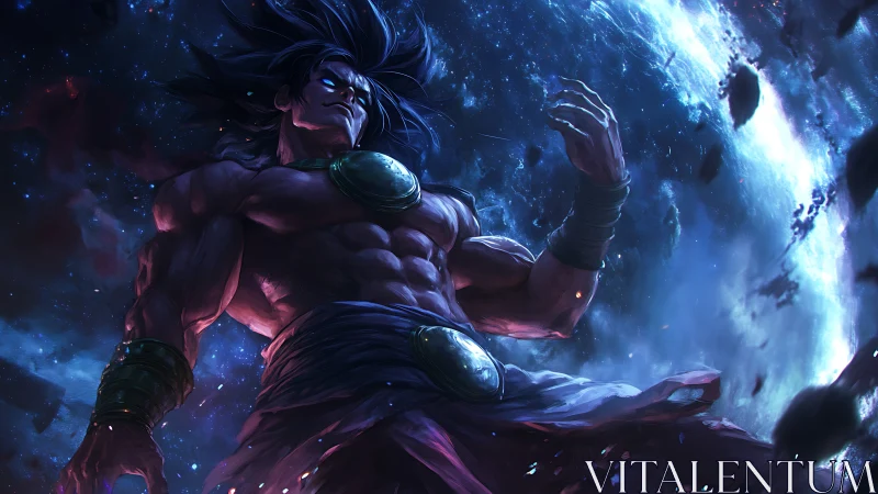 Cosmic warrior ascends through shattered celestial void.