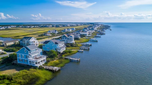 Coastal waterfront homes line a tranquil blue bay at sunrise