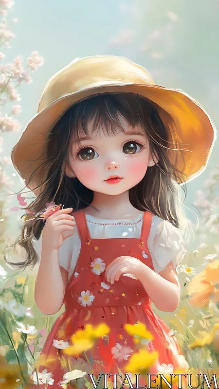 Girl in sunhat stands in glowing spring wildflower meadow.