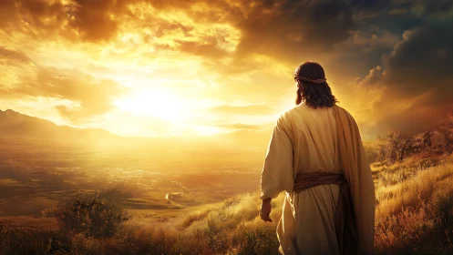 Figure in robe observes sunlit valley under dense clouds