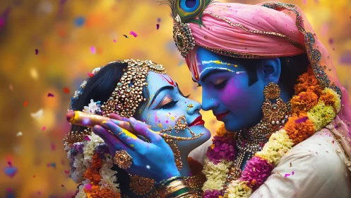 Tender divine embrace in vibrant festival colors of love.